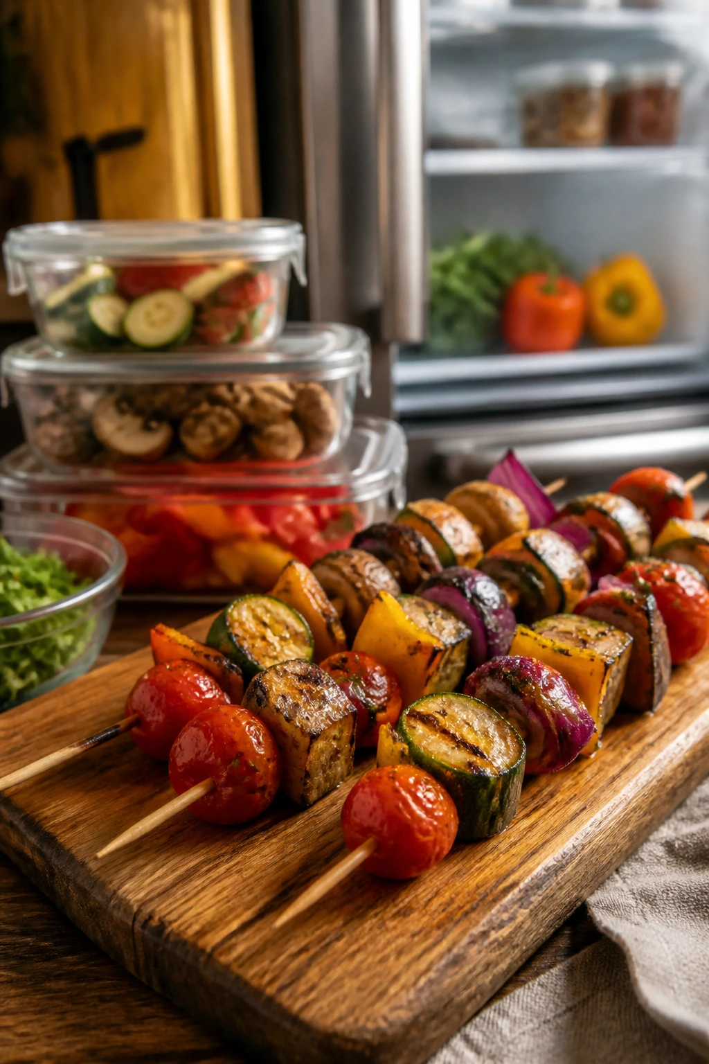 Close-up of vegetable skewers prepared for storage in a home kitchen