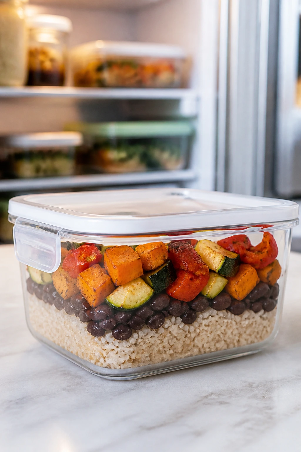 Airtight toddler meal container filled with rice, beans, and vegetables on a kitchen counter.