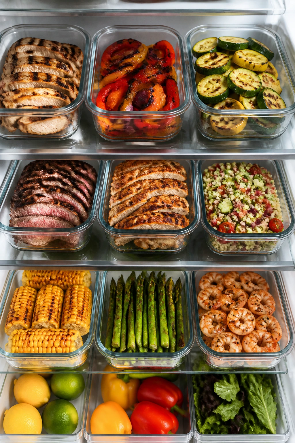 Fridge shelf with shallow containers of make-ahead grilled meats and vegetables ready for storage