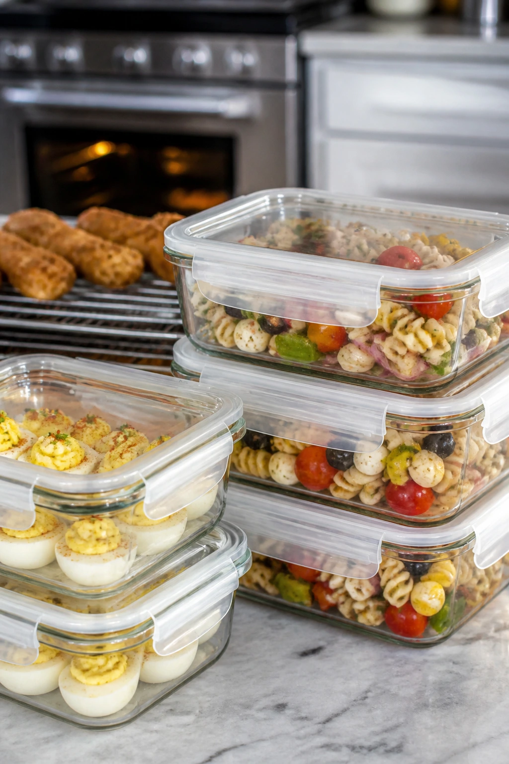 Clear containers with pasta salad and deviled eggs ready for storage.