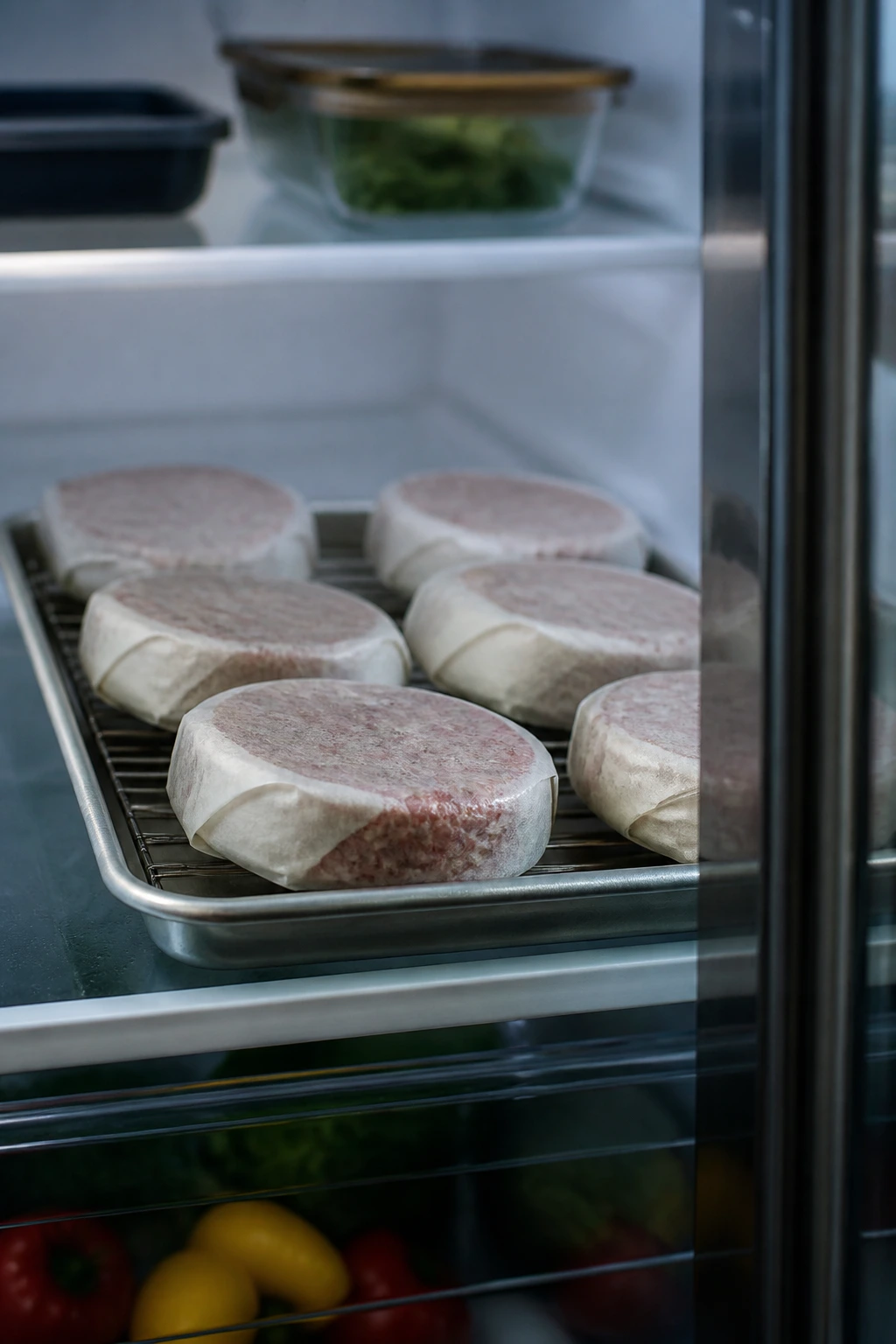 Parcment-wrapped burger patties cooling in a fridge