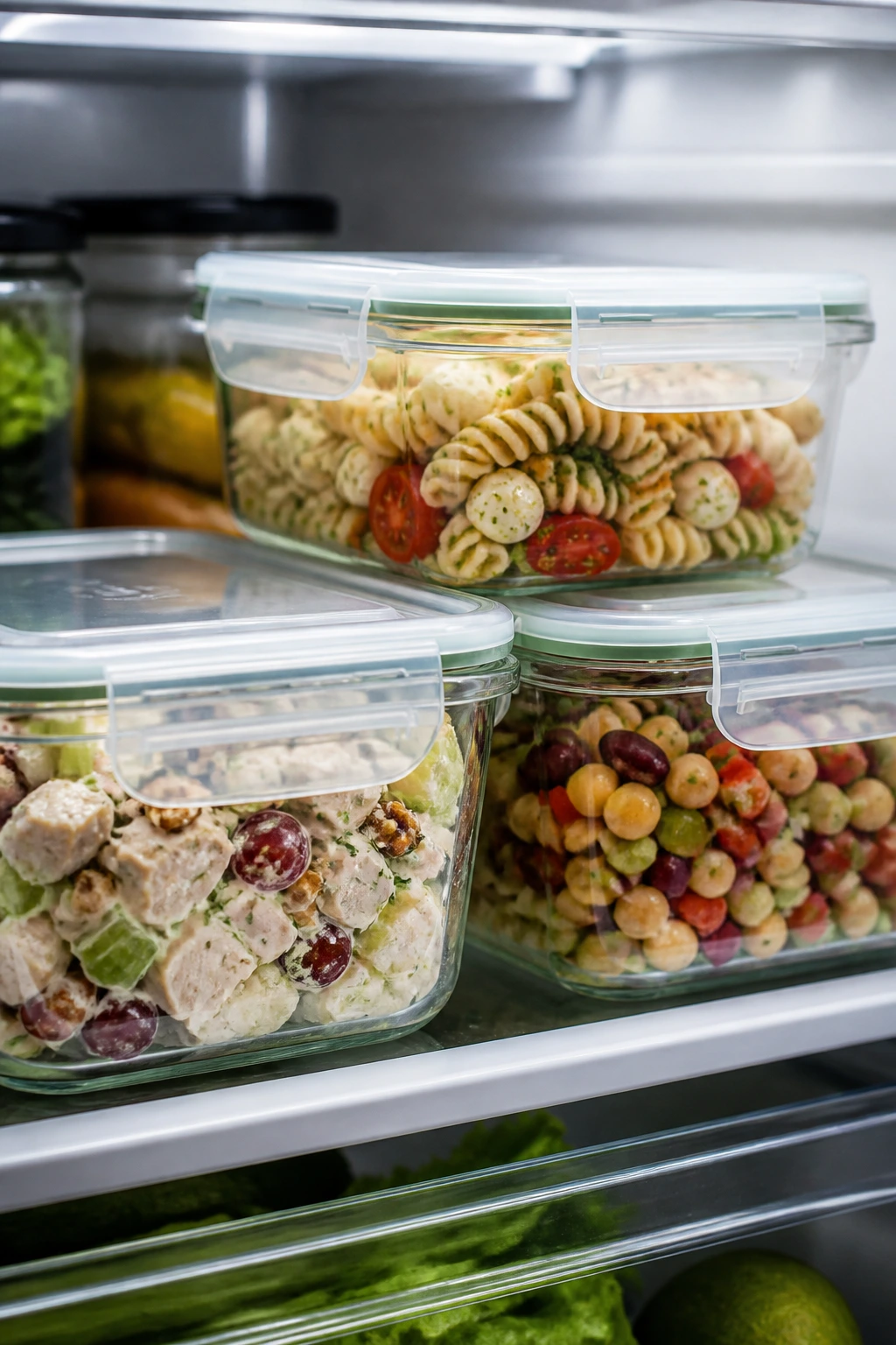 Close-up of airtight salad containers on a fridge shelf, ready for make-ahead picnic meals.
