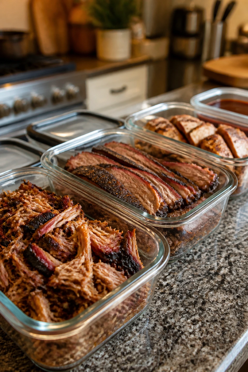 Kitchen counter with airtight containers of cooked meats for make-ahead storage