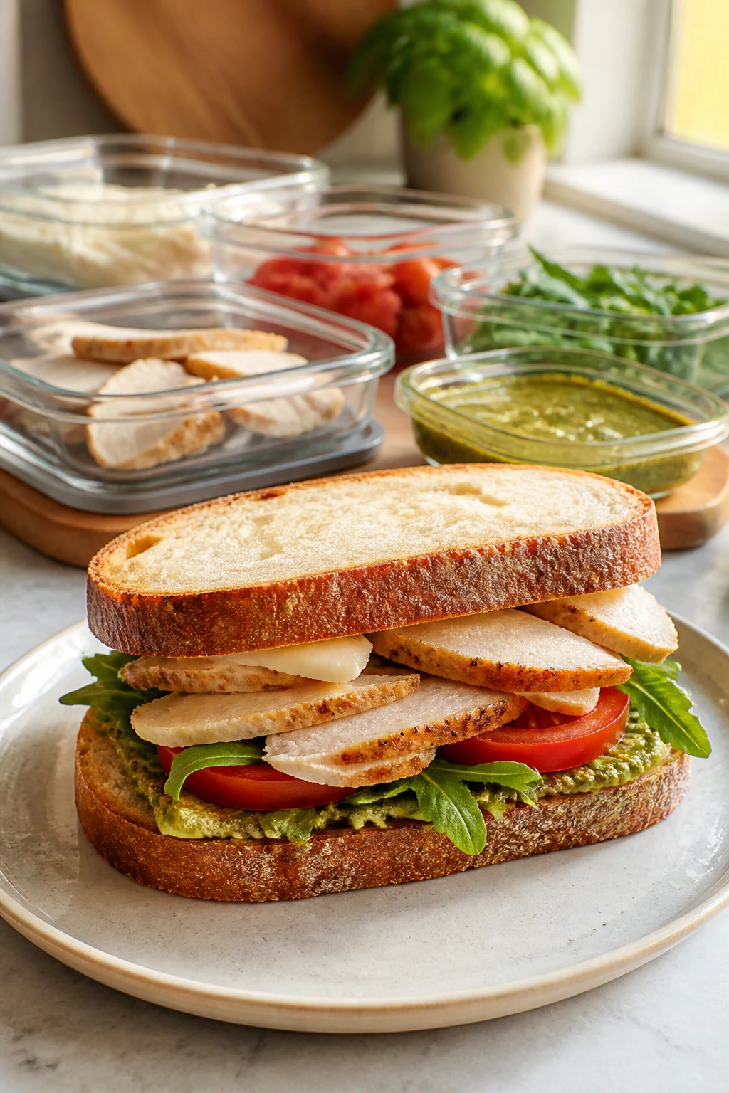 Sandwich on plate with stored components in containers in background