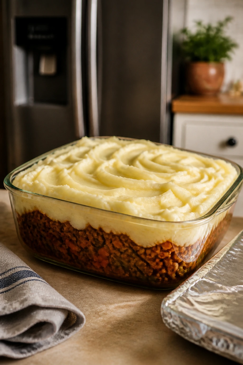 Cottage pie in a dish ready for storage and reheating