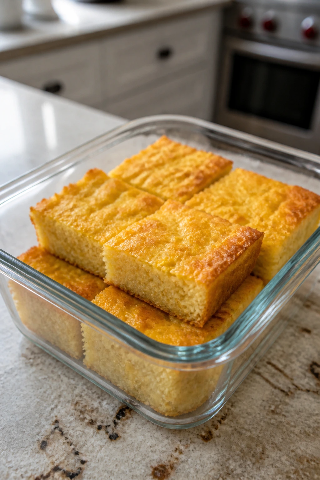 Glass storage container with corn pudding slices