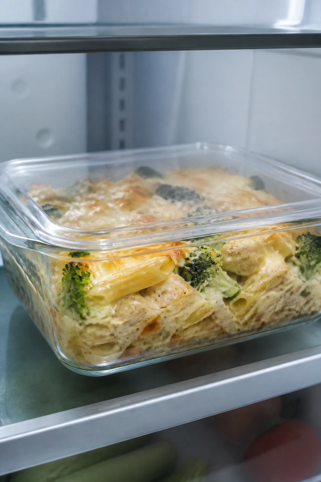 Casserole in fridge stored in a glass container