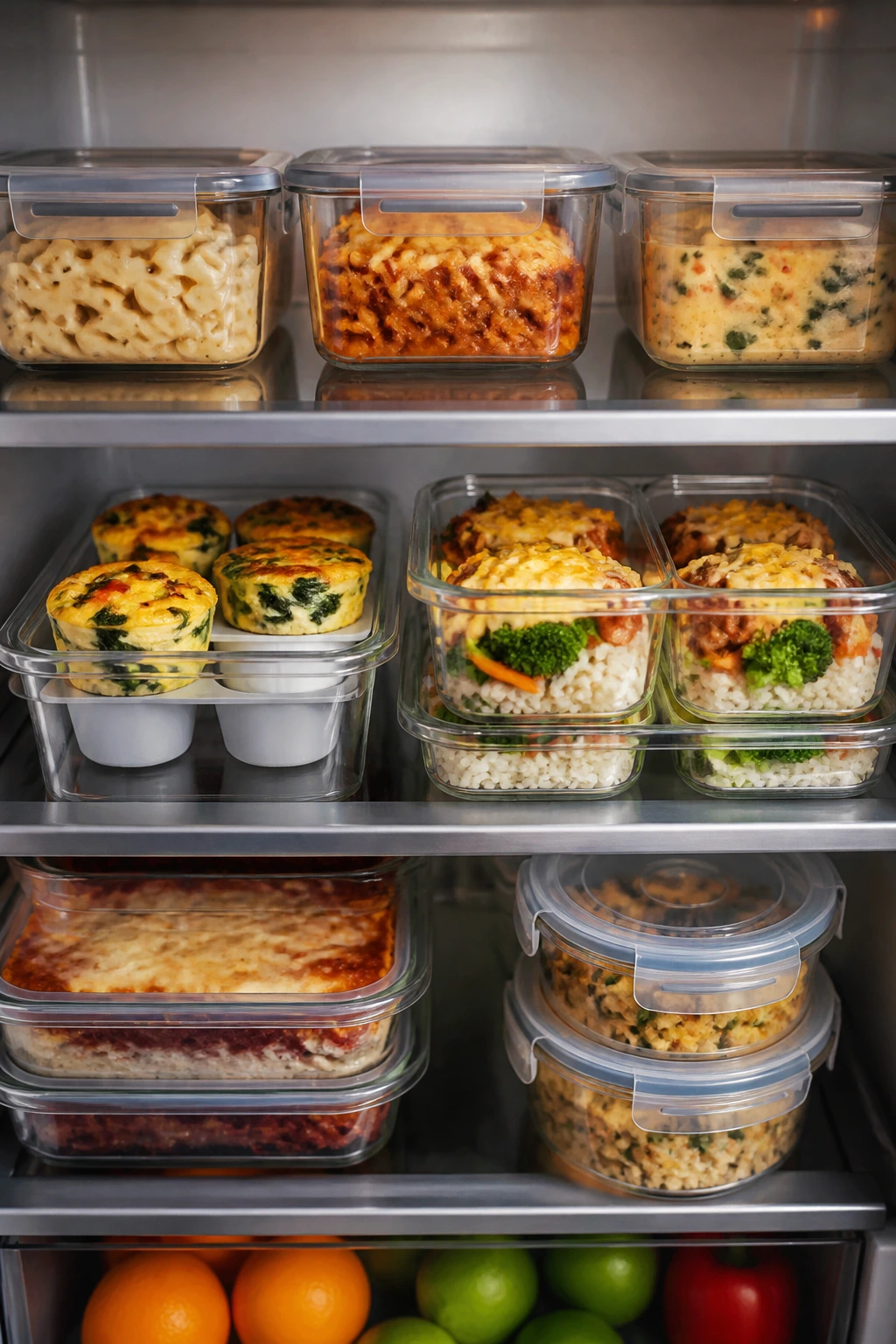 Fridge shelf with neatly stored meal-prep containers for make-ahead cheese dinners.