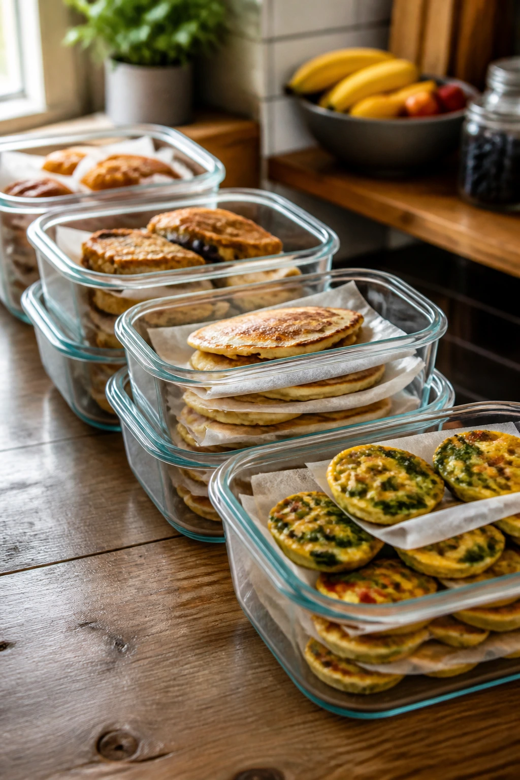 Row of glass containers with make-ahead breakfast items on a kitchen counter