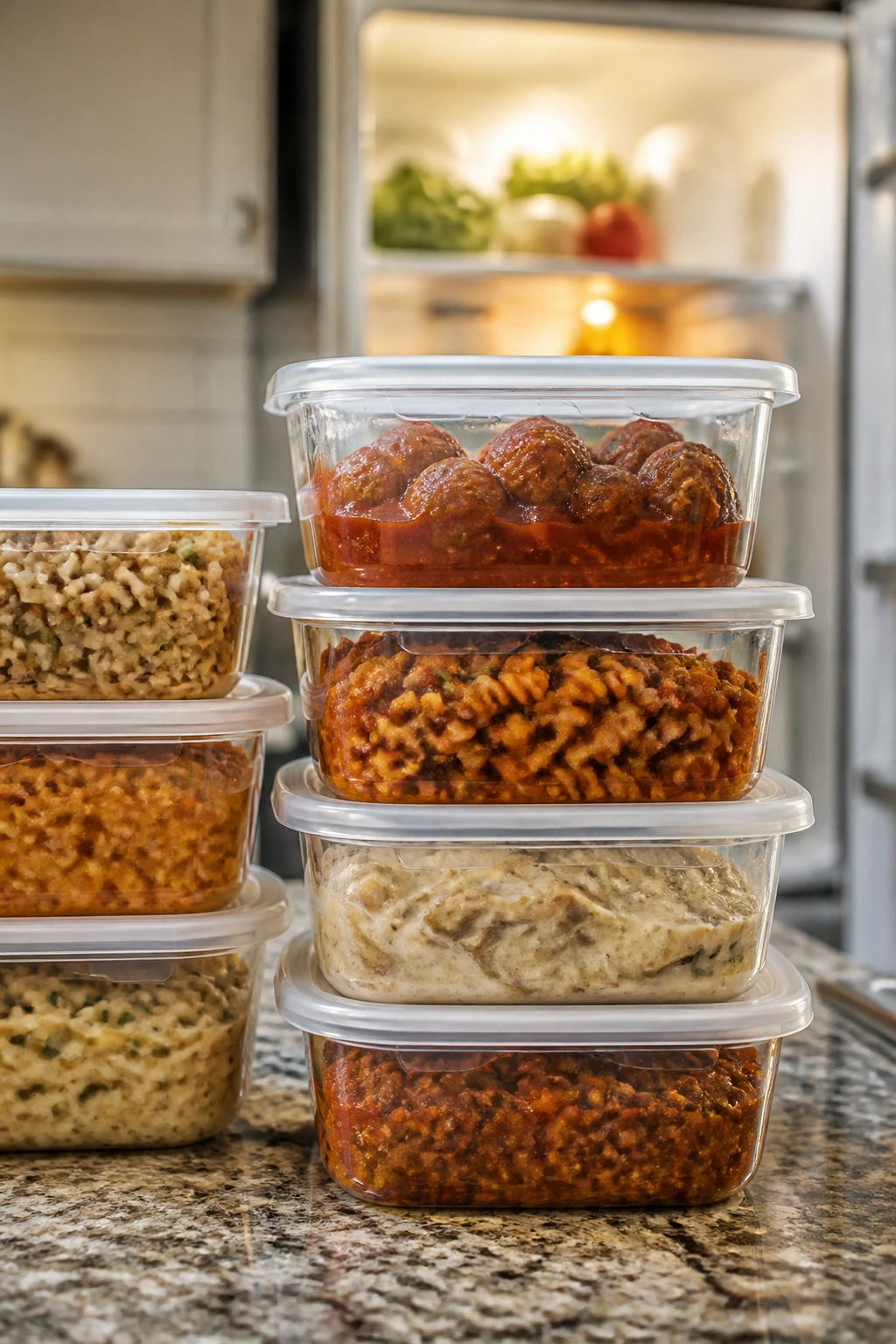 Meal-prep containers with saucy dinners on a kitchen counter