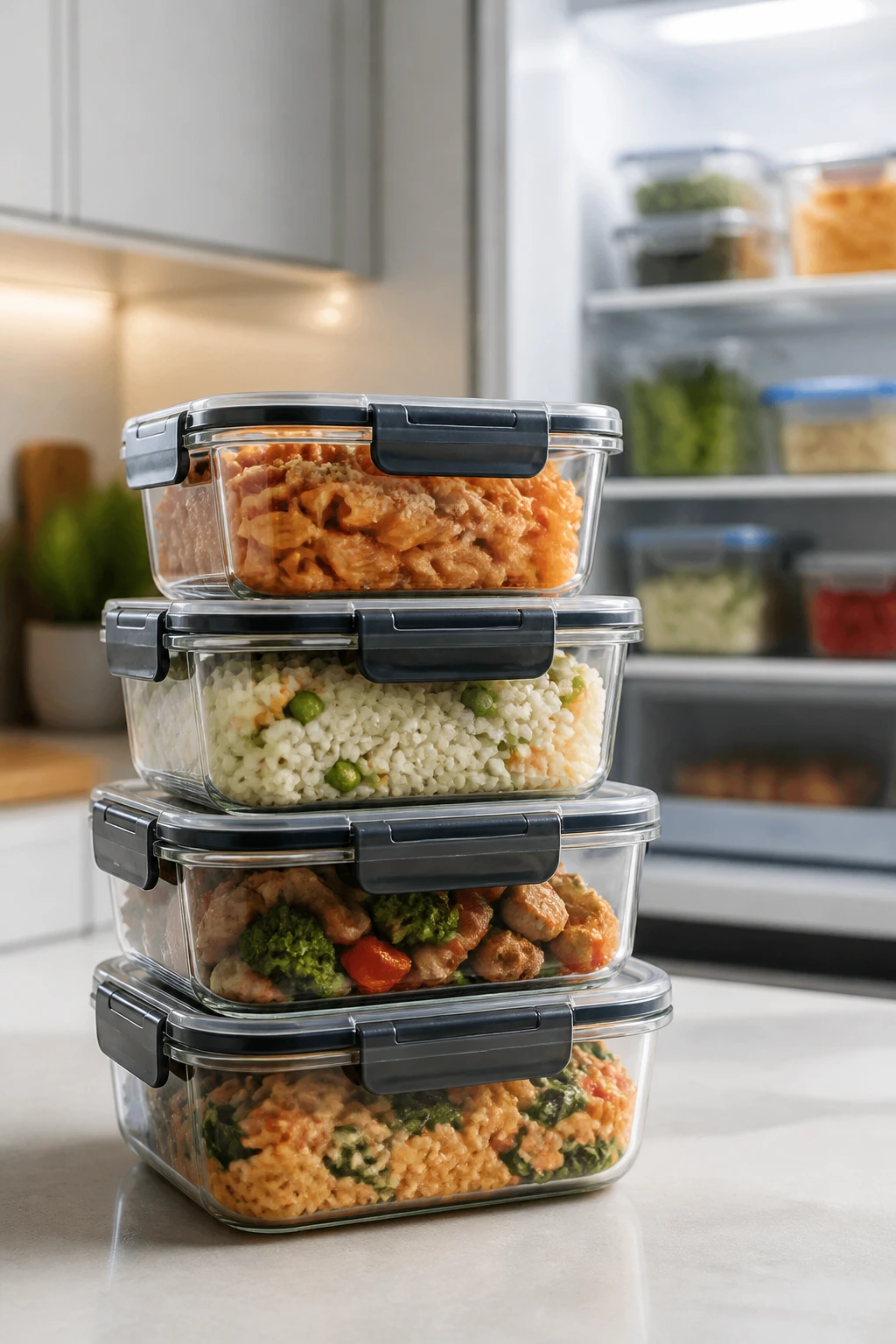Stacked meal-prep containers on a kitchen counter