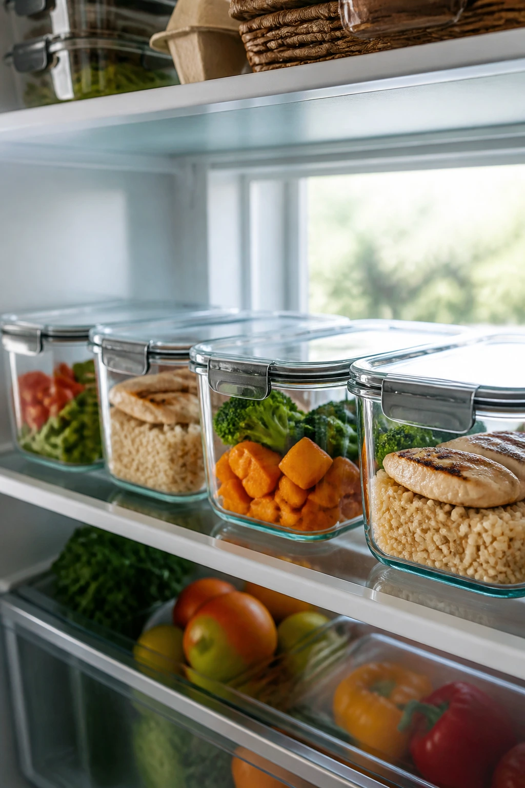 Fridge shelf with airtight containers holding ready-to-reheat lunch components