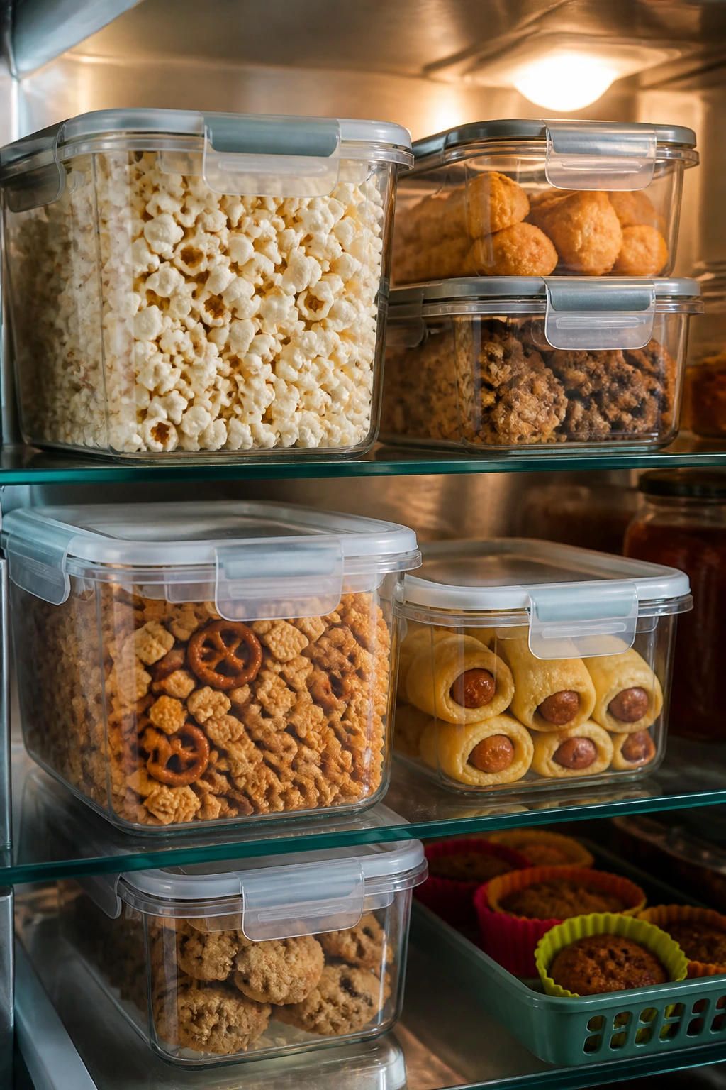 A kitchen scene with airtight containers and prepped snacks ready for storage and reheating.