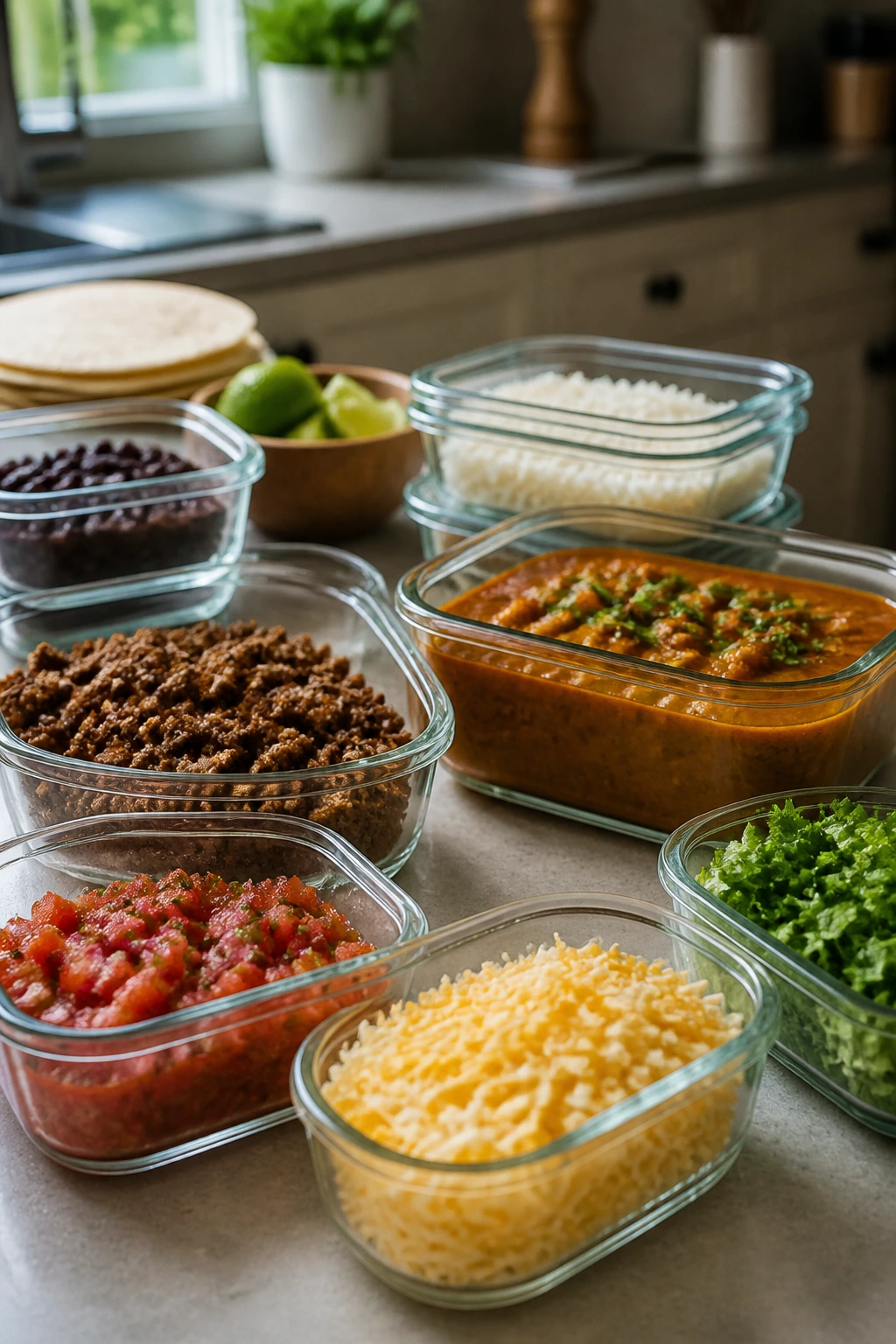 Glass meal-prep containers with prepared fillings on a kitchen counter