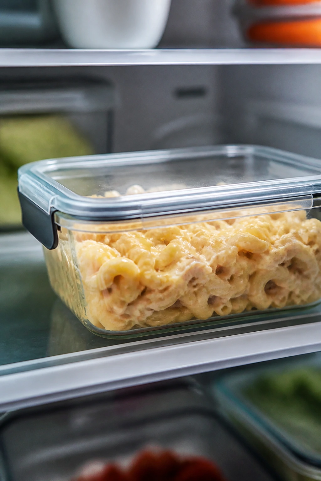 Airtight pasta storage container in the fridge, illustrating make-ahead storage