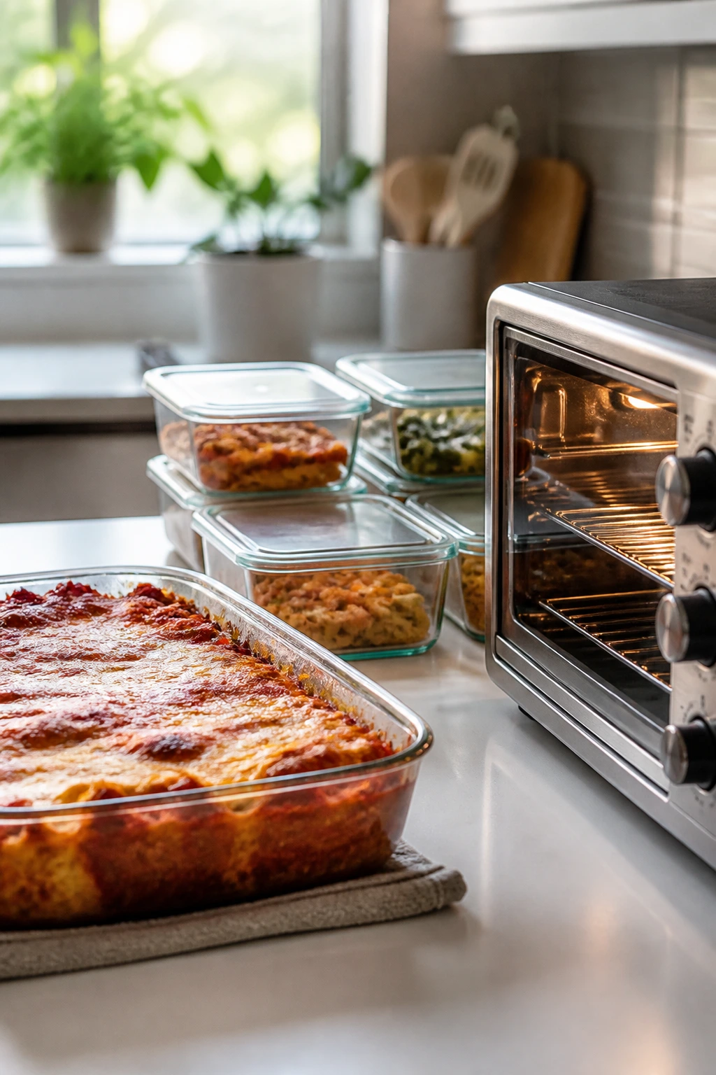Close-up of casserole, glass storage containers, and toaster oven on a kitchen counter illustrating make-ahead, storage, and reheating.