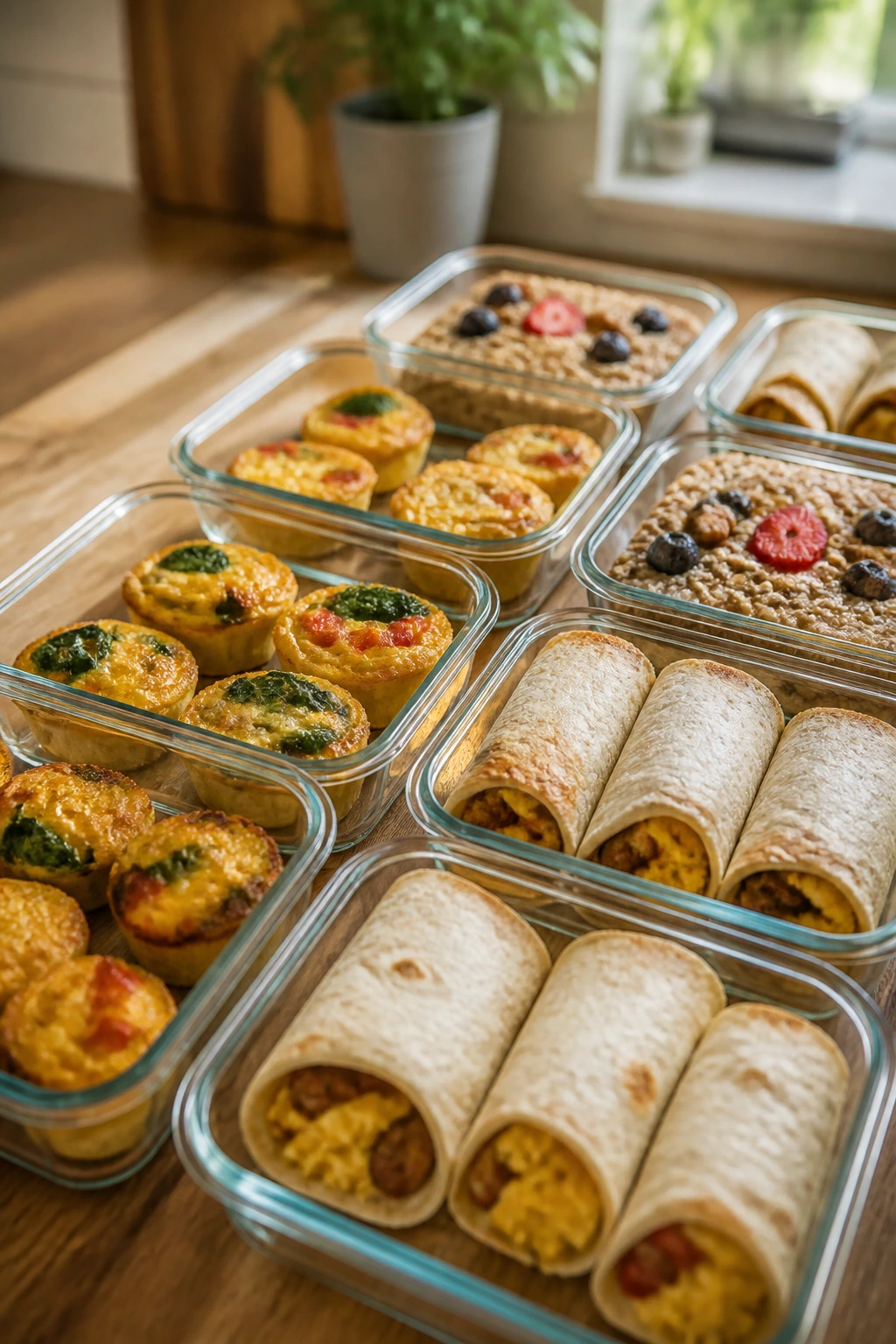 Meal-prep containers filled with breakfasts ready to go