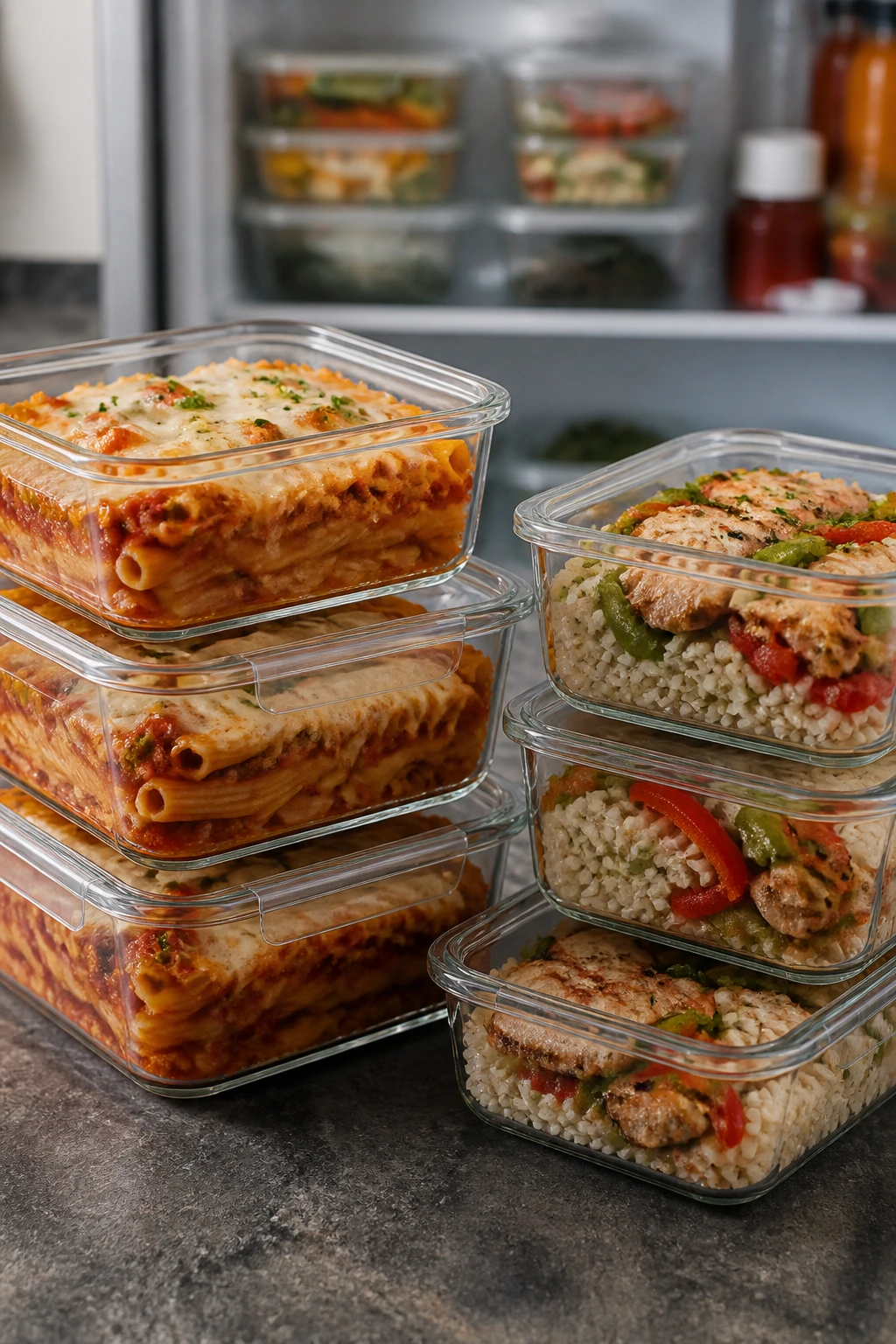 Close-up of glass meal-prep containers with leftovers on a kitchen counter