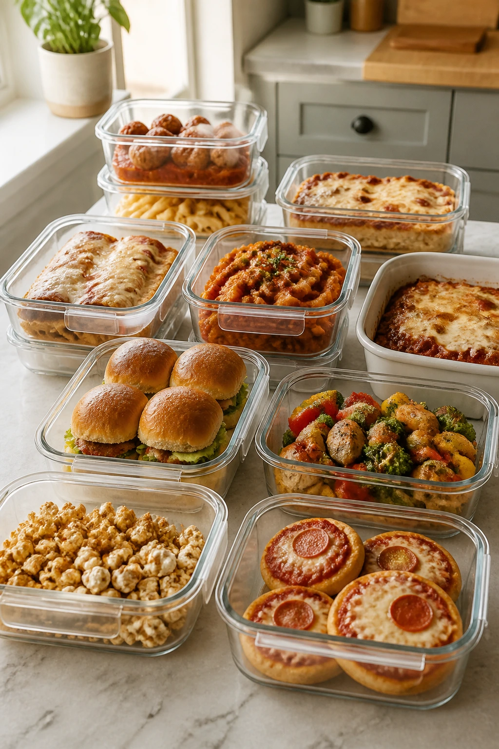 Airtight containers with prepared meals on a kitchen counter and a baking dish nearby