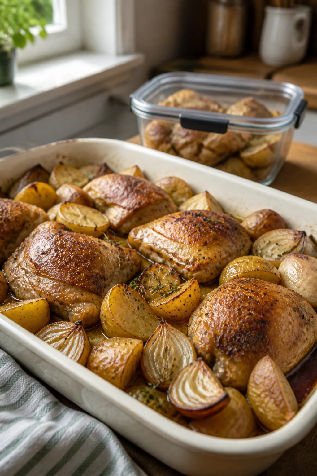 Roasted chicken cottage in baking dish with leftovers container in kitchen