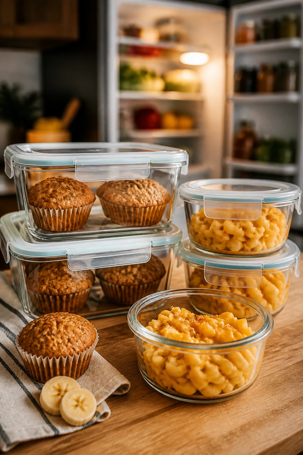 A row of snack containers with muffins and mini mac and cheese cups on a kitchen counter