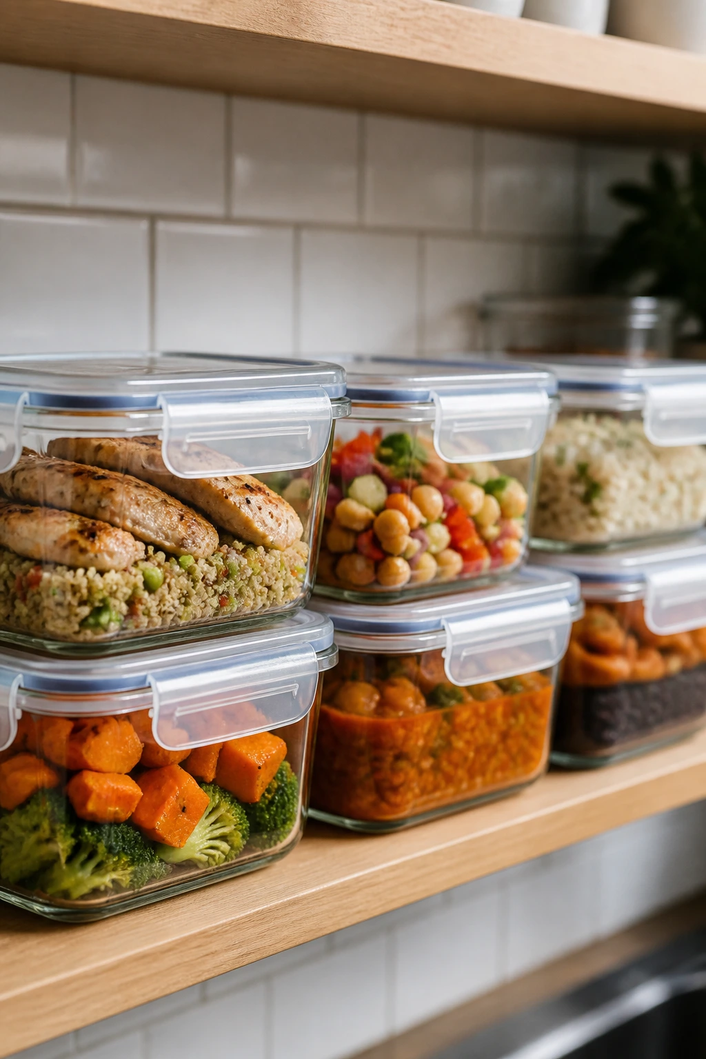 Row of airtight containers with prepared meals on a kitchen shelf