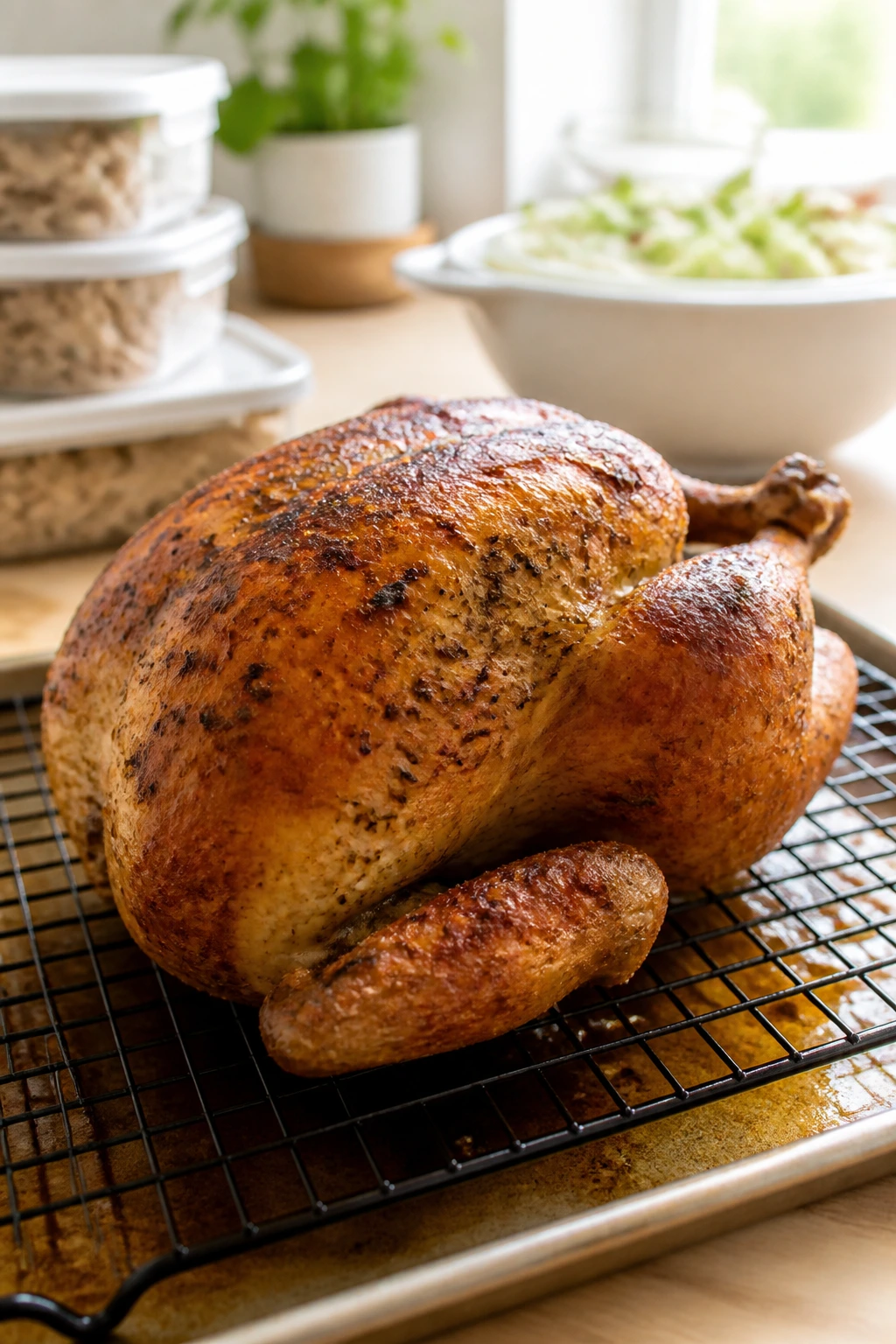 Roasted chicken on a rack over sheet pan in a tidy kitchen