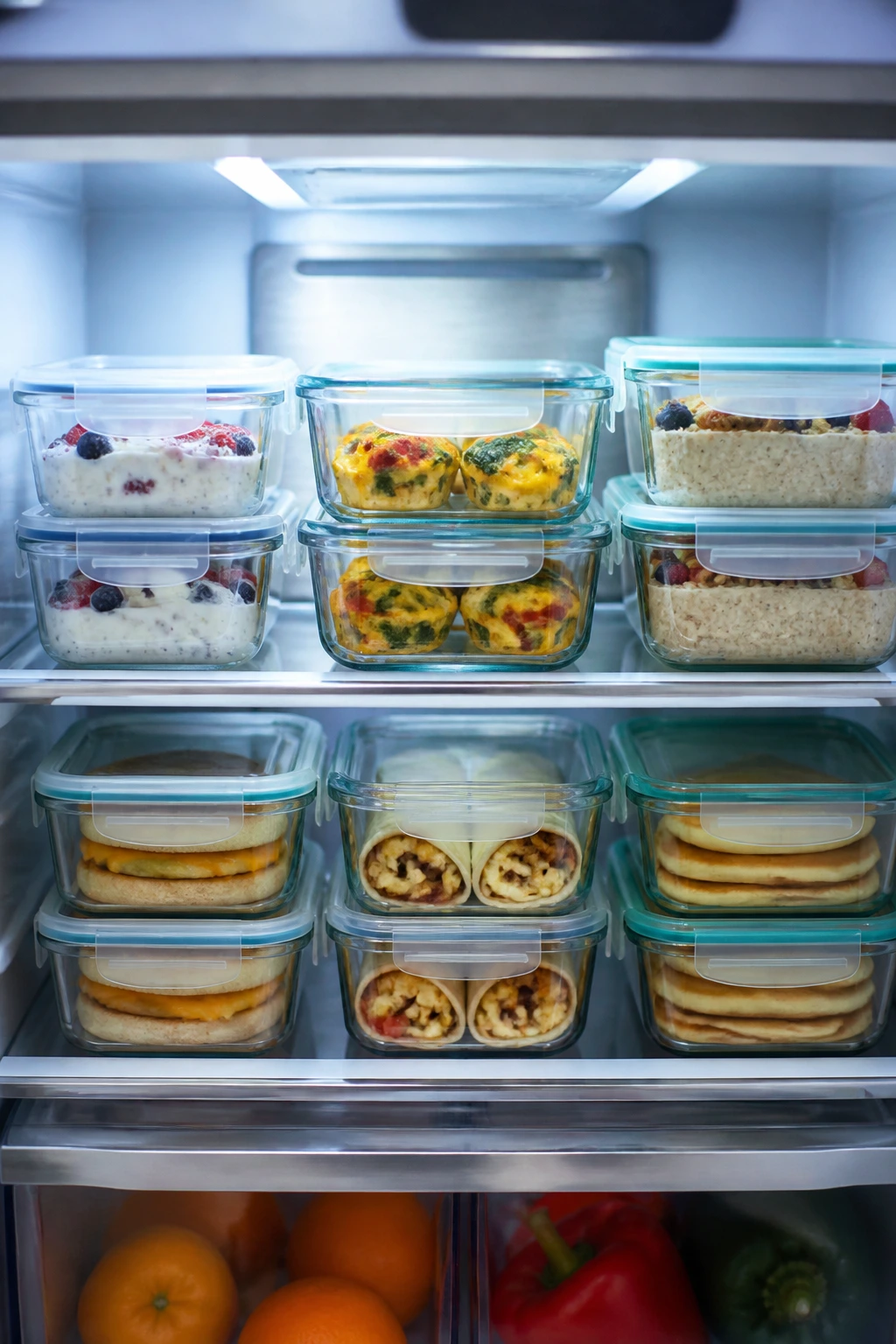 Fridge with stored make-ahead breakfast containers ready to reheat