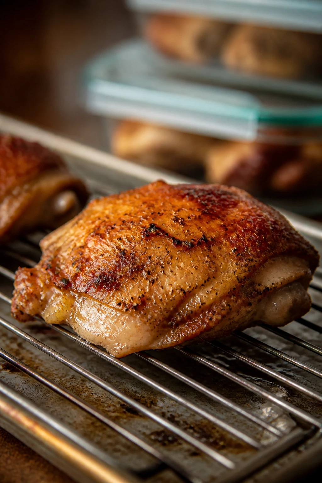 Chicken thigh on rack over sheet pan, suggesting make-ahead storage and reheating