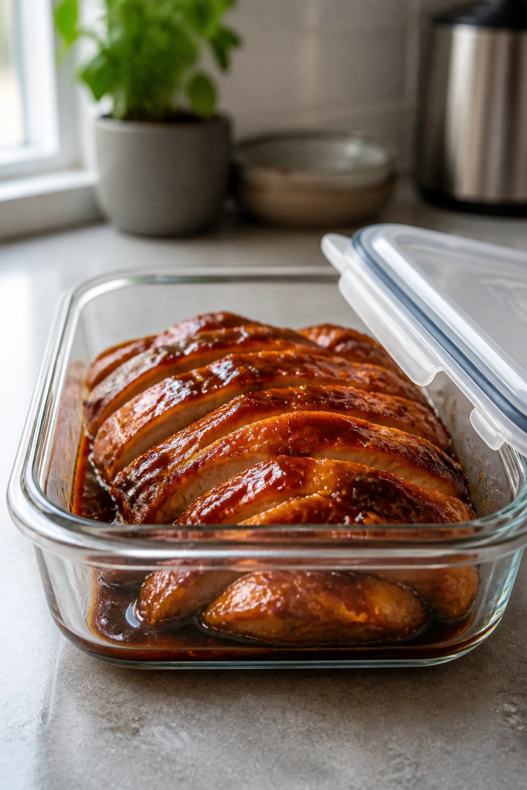 Glass storage container with honey-glazed chicken on a kitchen counter