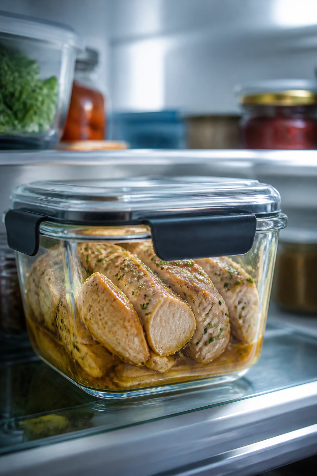 Airtight container of sliced chicken with sauce in a fridge.