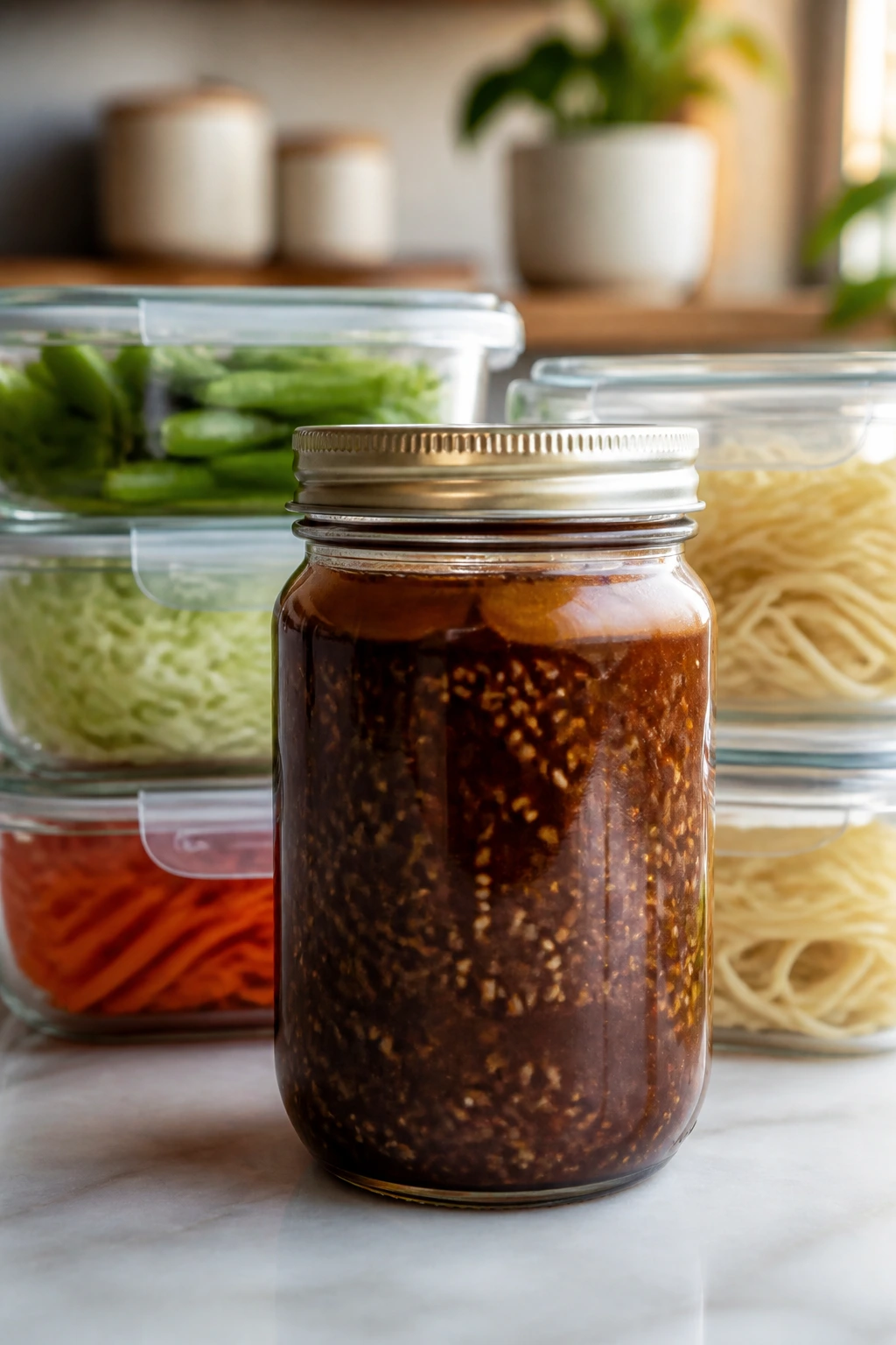 Sauce jar and storage containers for make-ahead chow mein