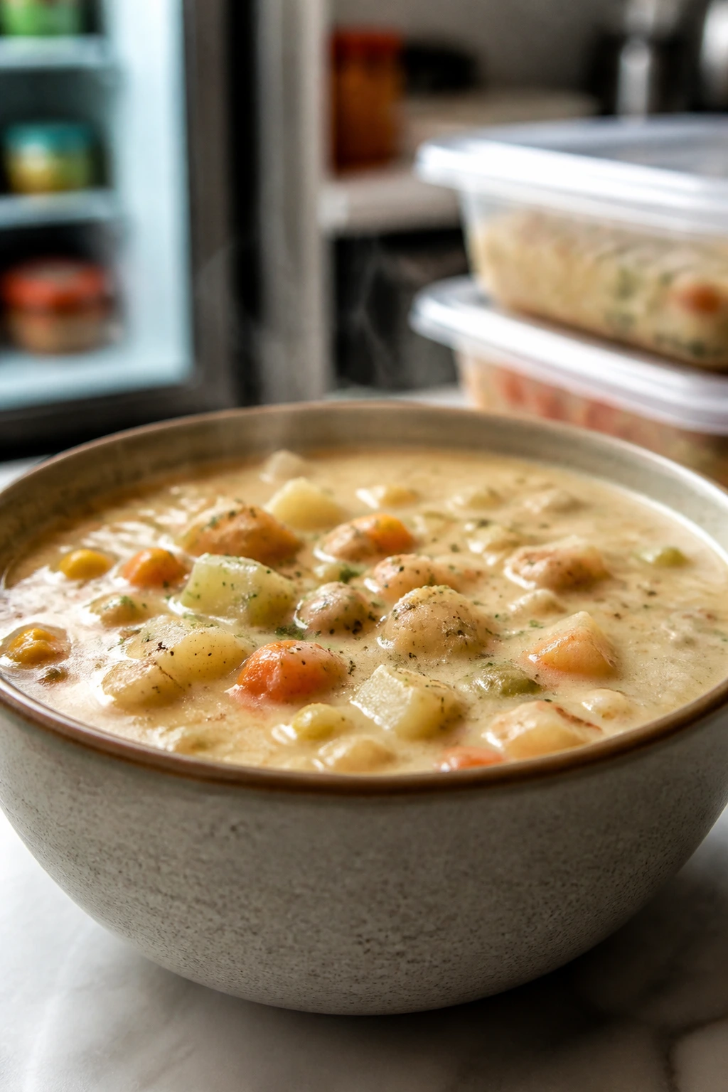 Chowder bowl with steam suggesting make-ahead and reheating guidance