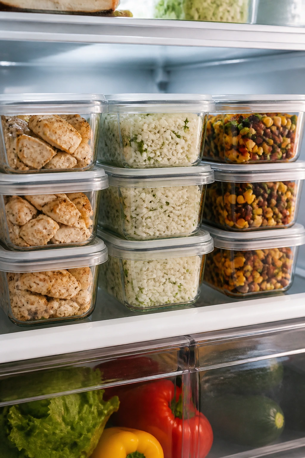 Fridge shelf with glass containers of chicken, rice, and bean mix for make-ahead prep