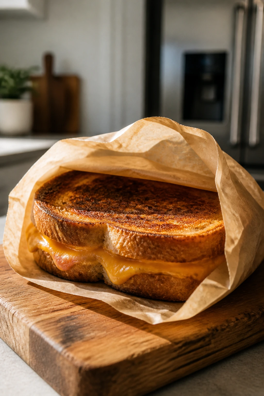 Wrapped grilled cheese on parchment ready for storage.