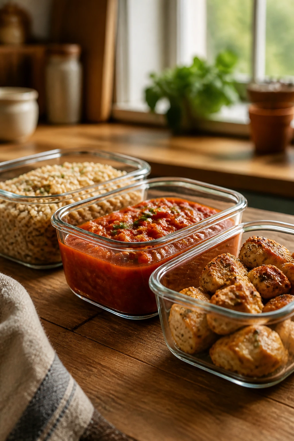 Close-up of glass containers with grains, sauce, and protein on a wooden counter