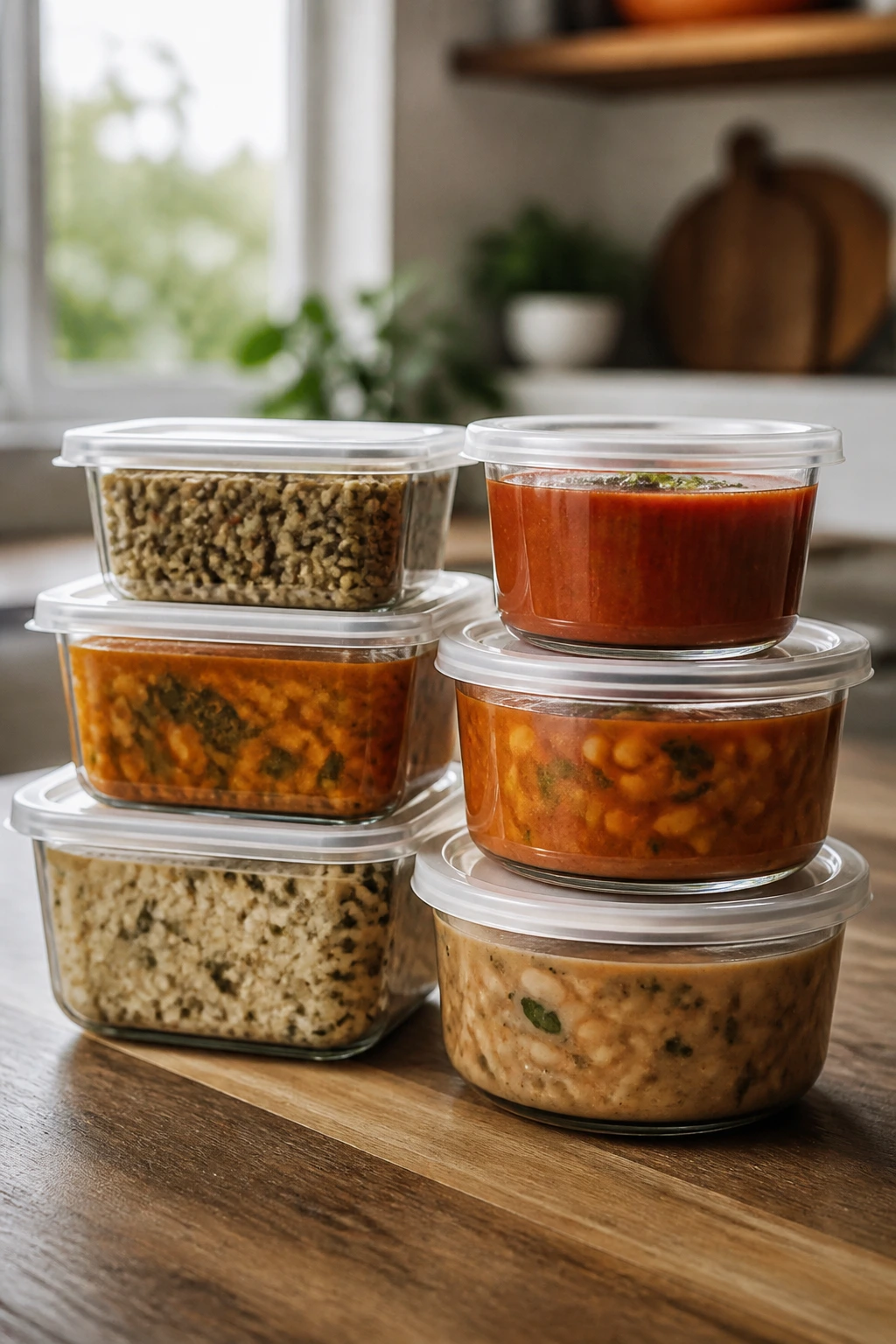 Stacked storage containers holding soups and grains on a kitchen counter