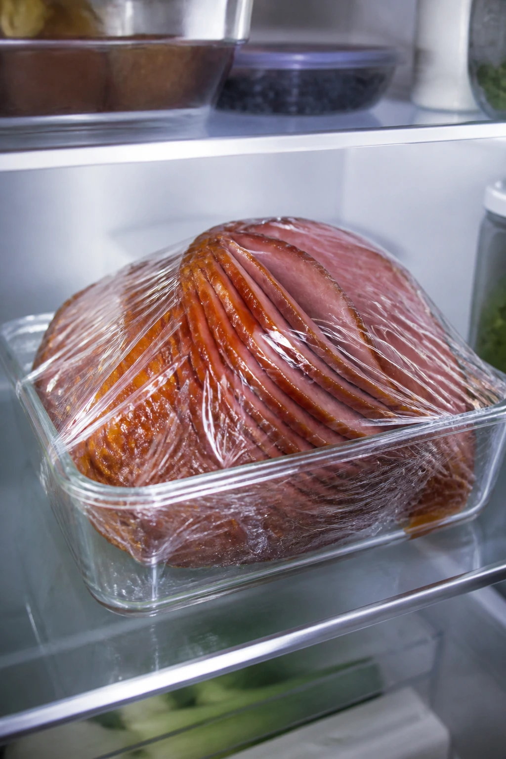 Glazed ham stored in fridge in a clear container