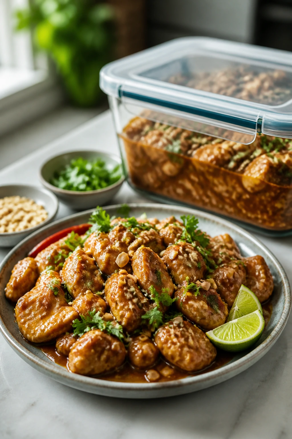 Sticky peanut chicken plated beside a storage container on counter.