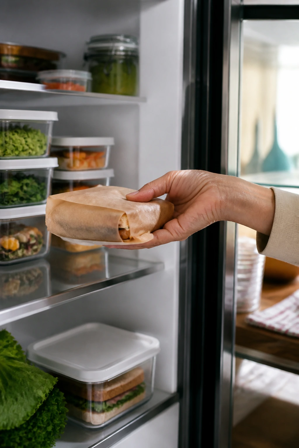 Hand placing parchment-wrapped sandwich into the fridge for storage