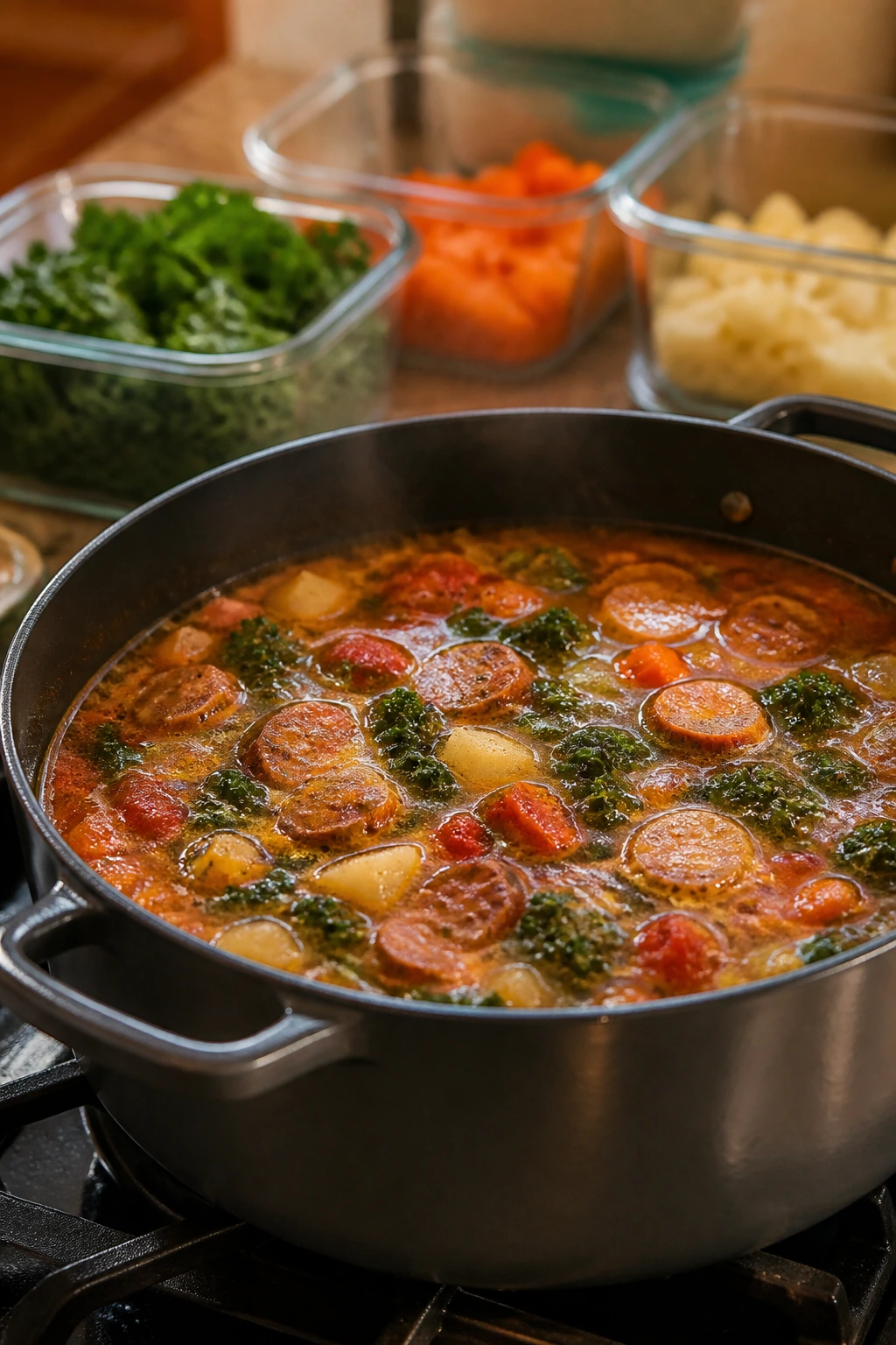Sausage soup on stove with prep containers in background