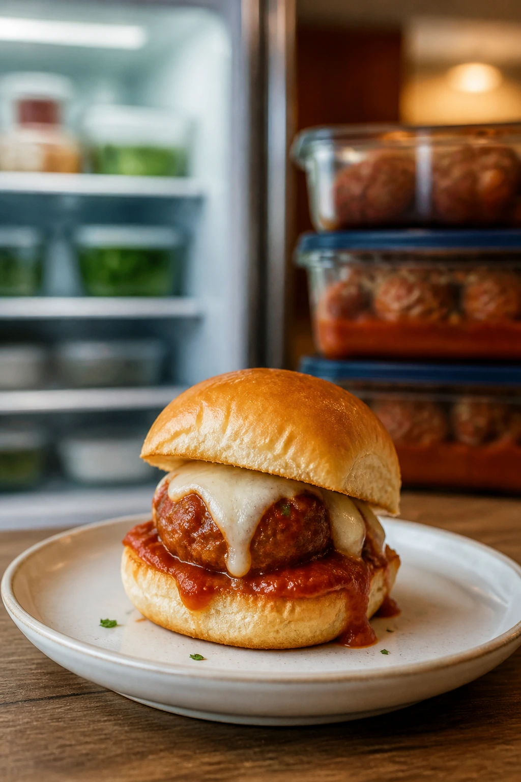 Slider on plate with fridge in background suggesting make-ahead storage
