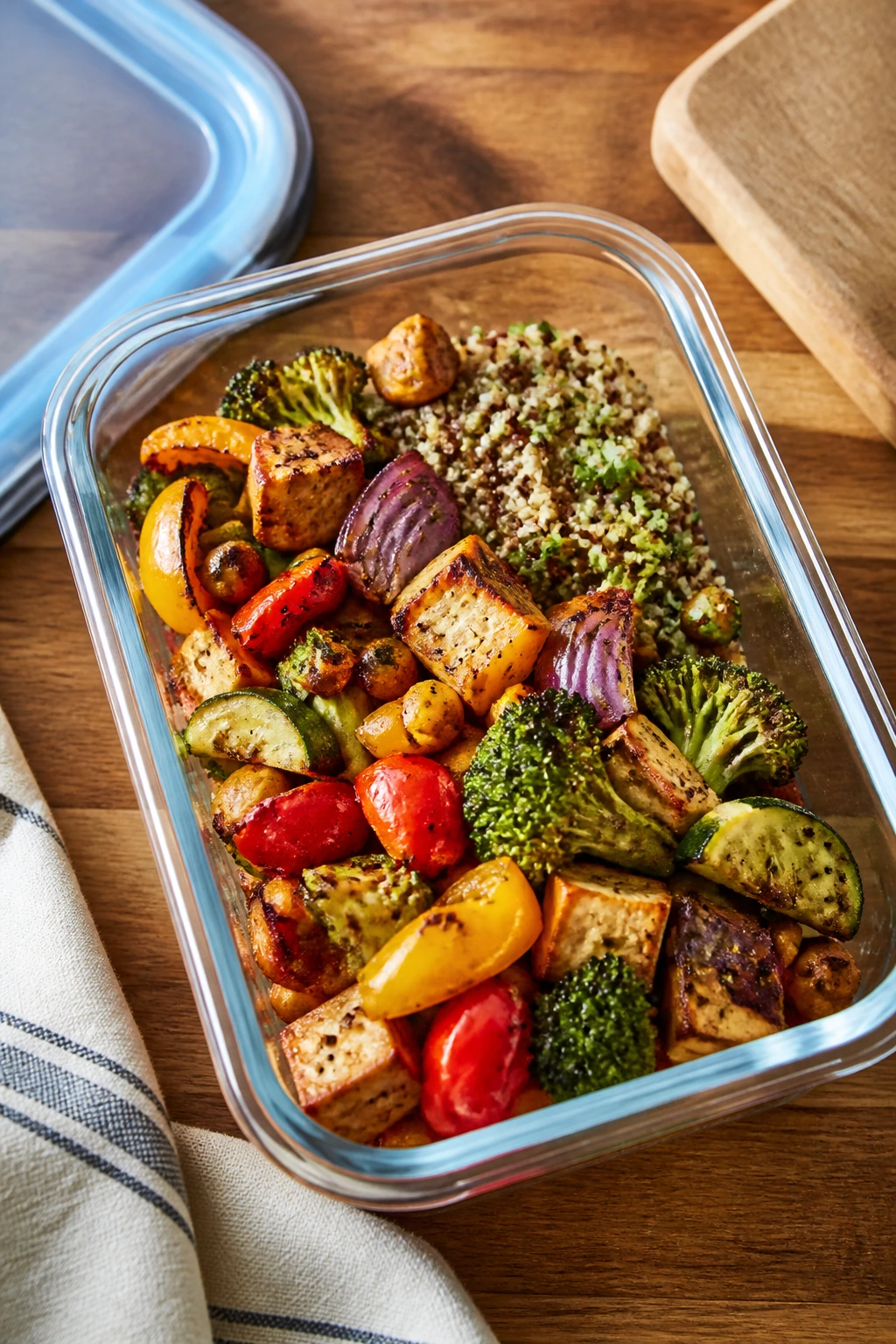 Glass storage container with crisp roasted vegetables and grains for make-ahead meals.