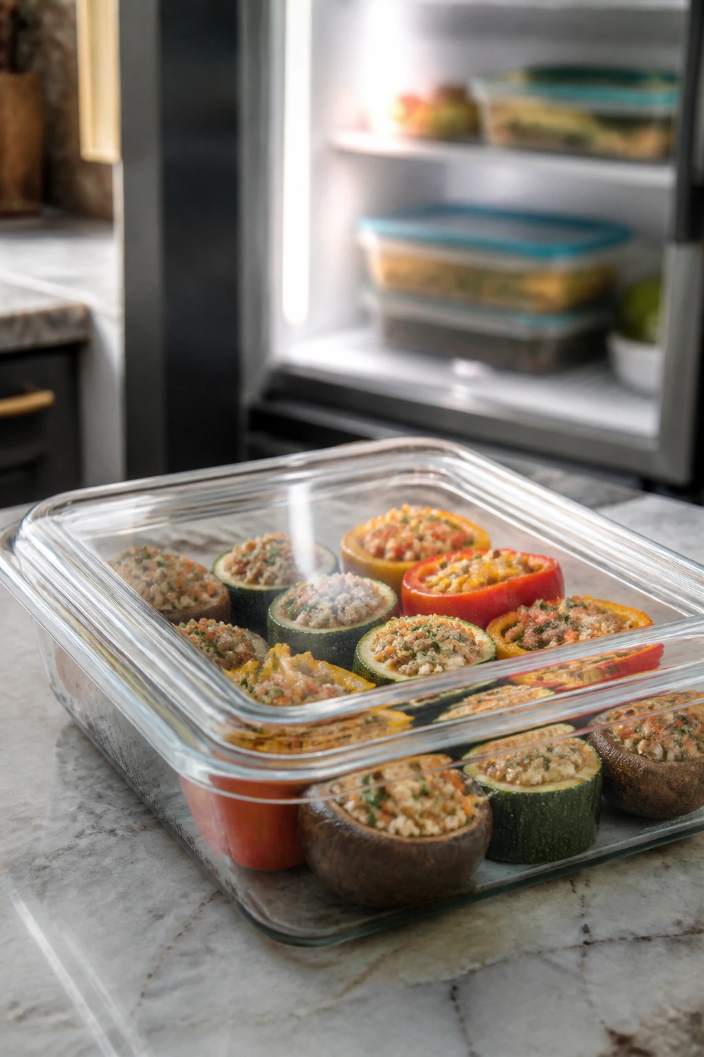 Dish of stuffed vegetables covered and stored for make-ahead prep
