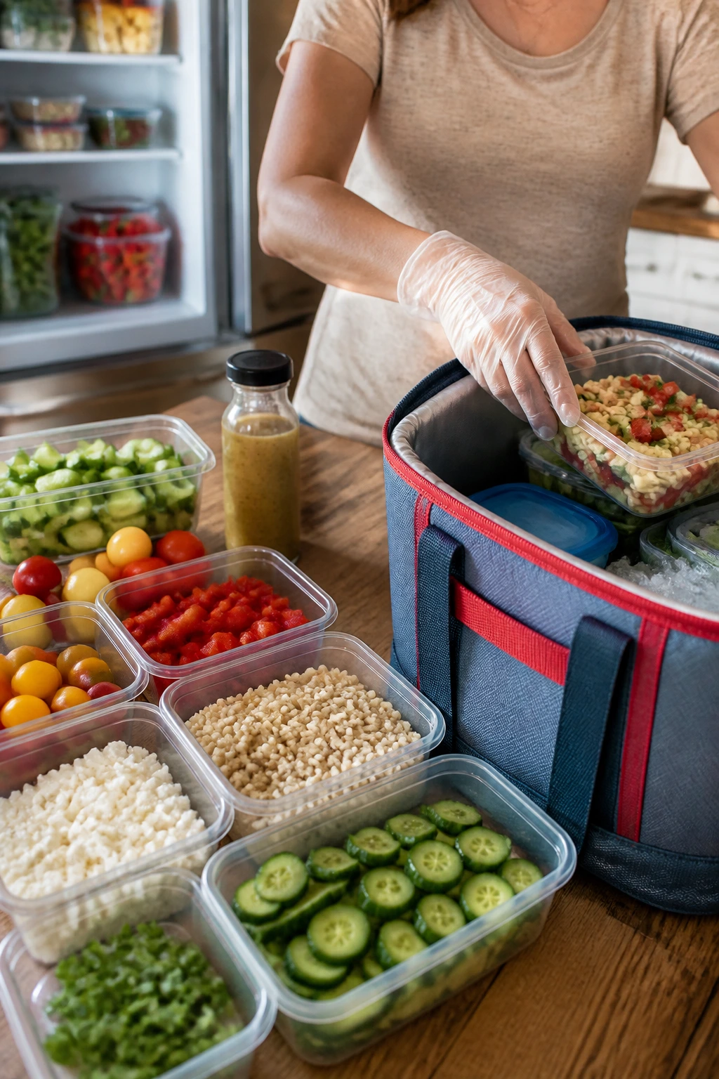 Hands packing prepped foods into shallow containers beside a cooler in a bright kitchen.
