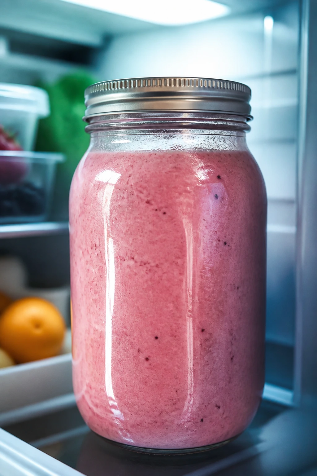 Mason jar smoothie stored in fridge for make-ahead