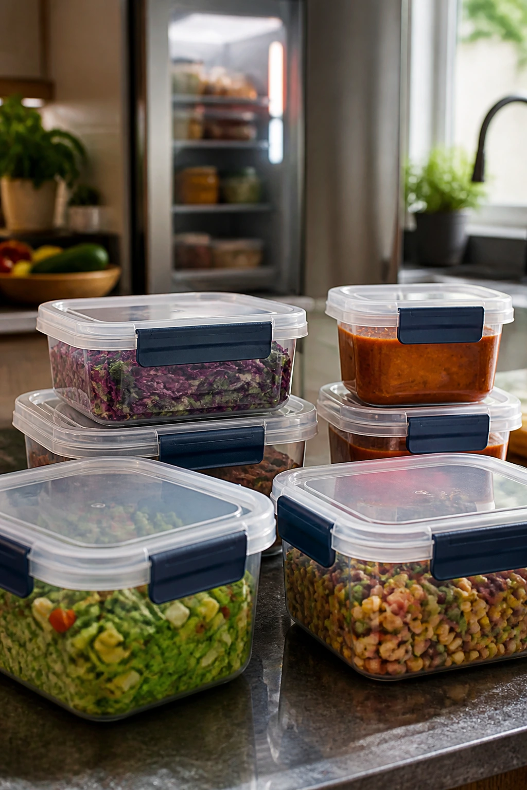 Clear storage containers with salads and sauces on a kitchen counter