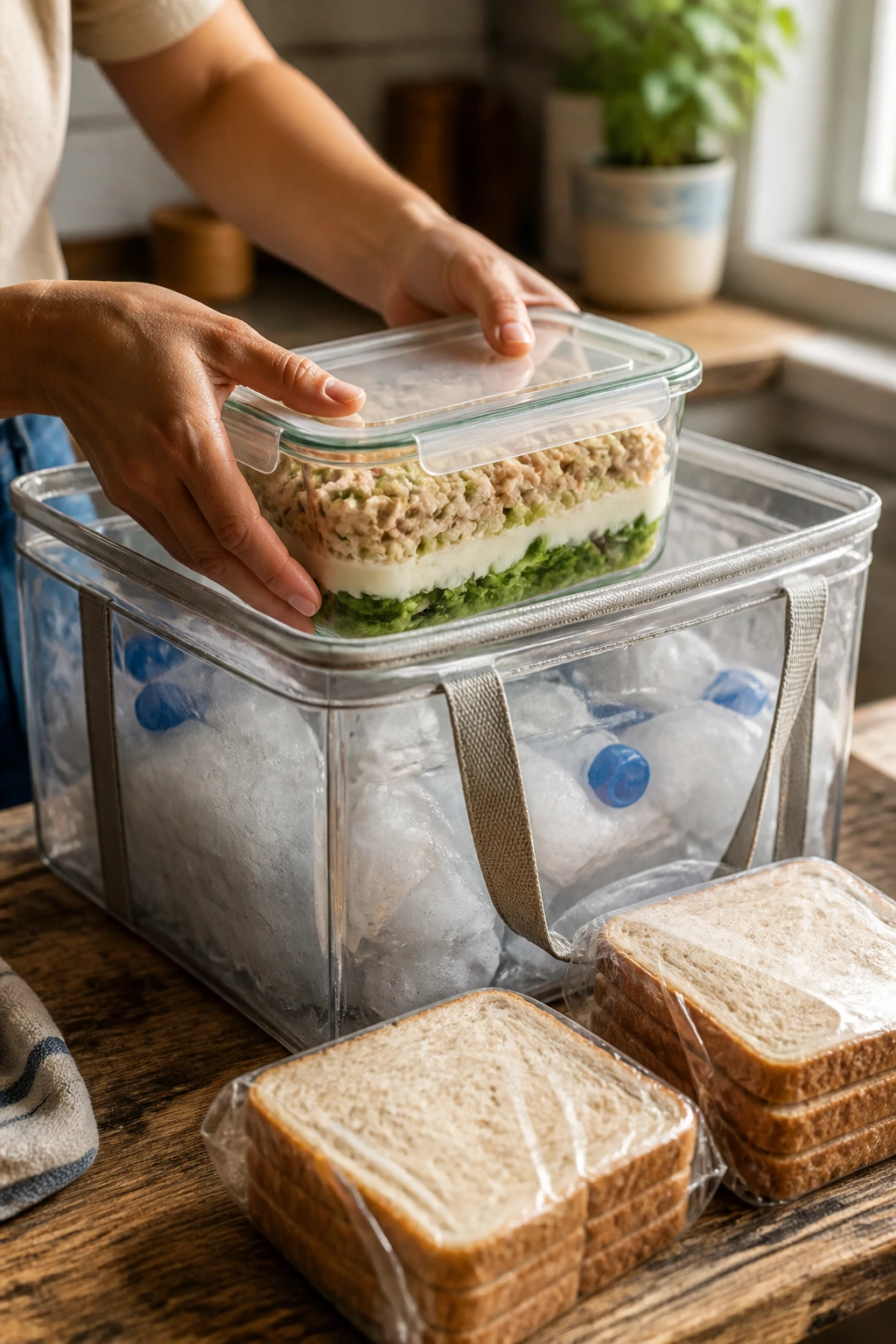 Close-up of hands placing an airtight glass container with chicken salad into a cooler in a rustic kitchen