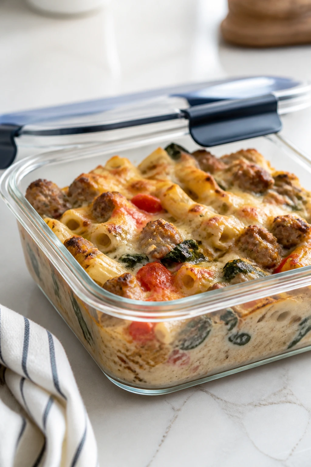 Glass container with reheatable sausage casserole for make-ahead storage