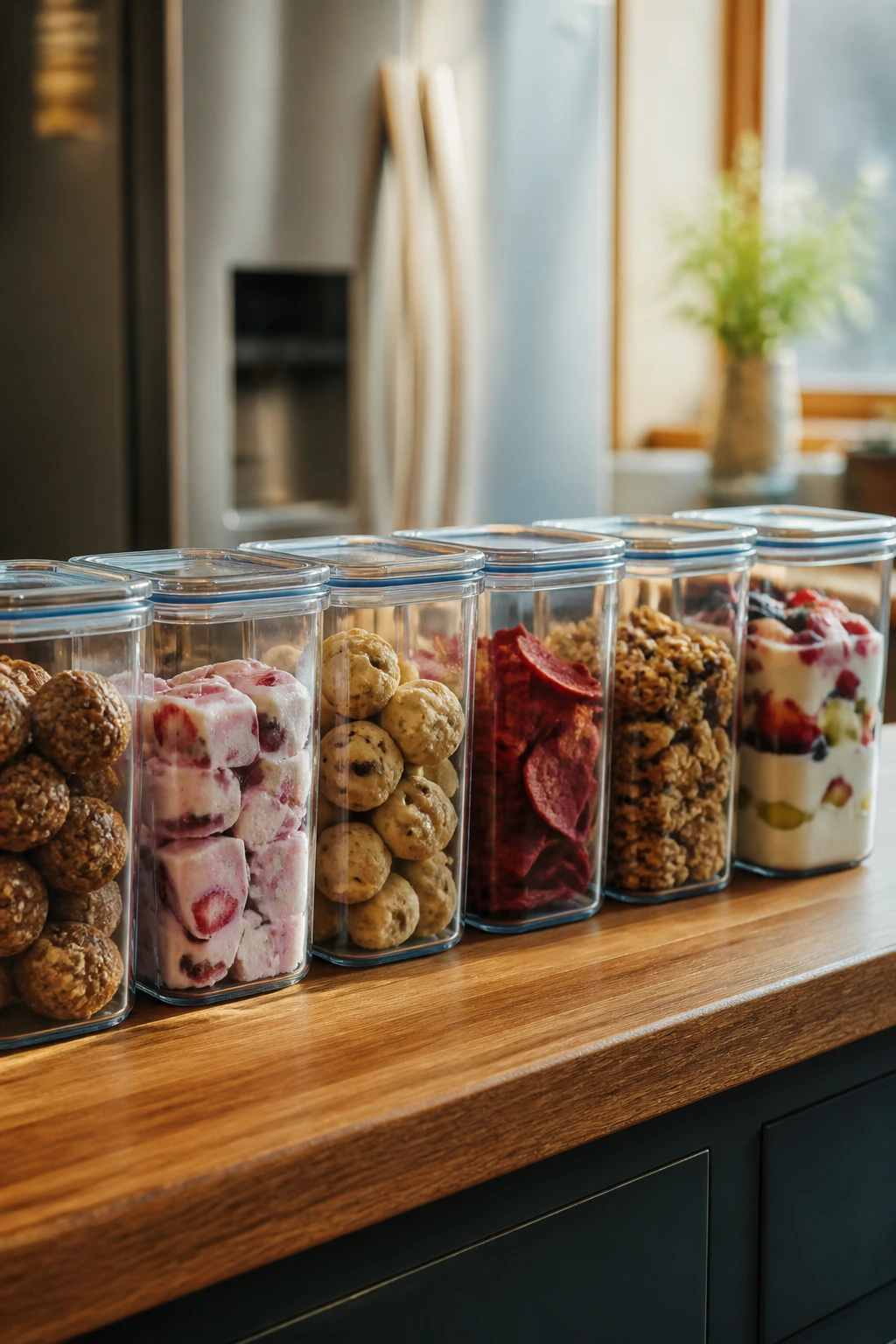 Close-up of clear snack containers with kid-friendly treats in a kitchen.